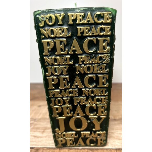 Green & Gold Decorative Holiday Candle With Embossed Text "Joy Peace Noel" - Picture 2 of 7
